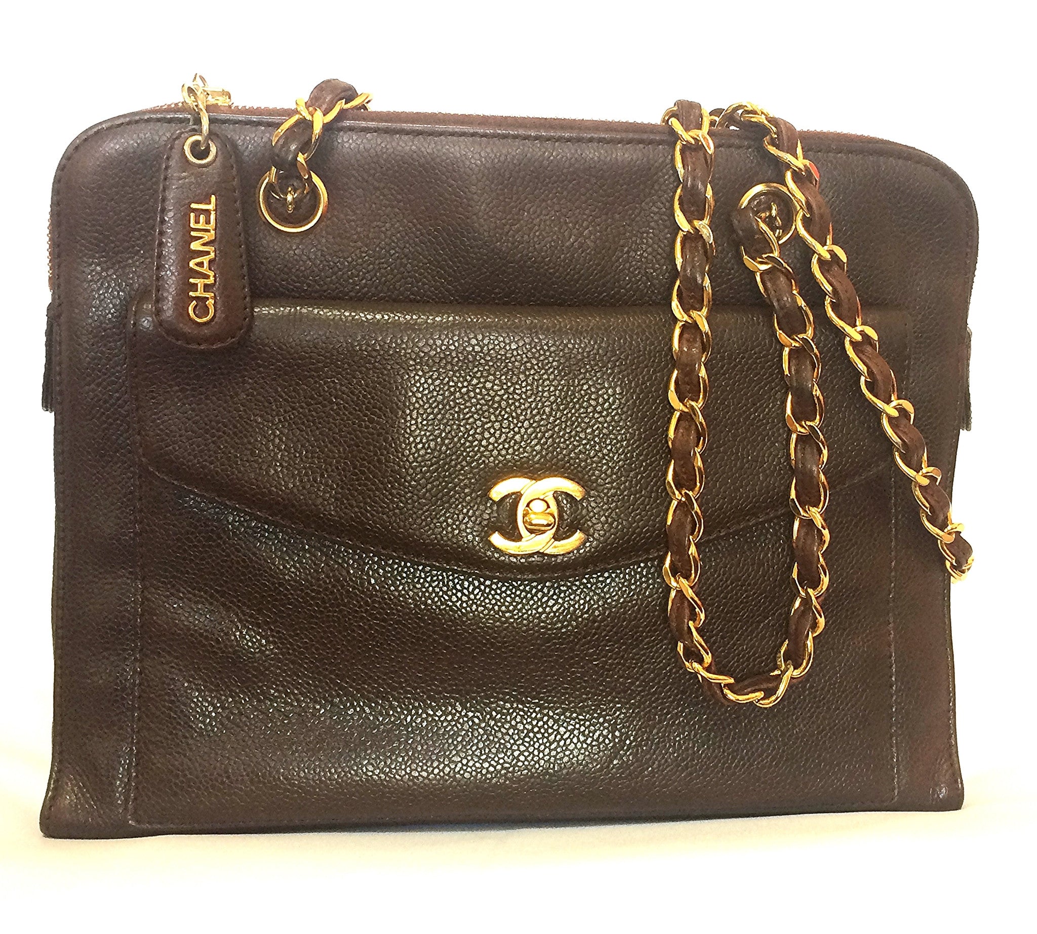 Vintage CHANEL dark brown caviarskin chain shoulder tote bag with