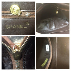 Vintage CHANEL dark brown caviar leather messenger large, jumbo shoulder bag with golden CC ball charm. Classic purse for daily use. Unisex