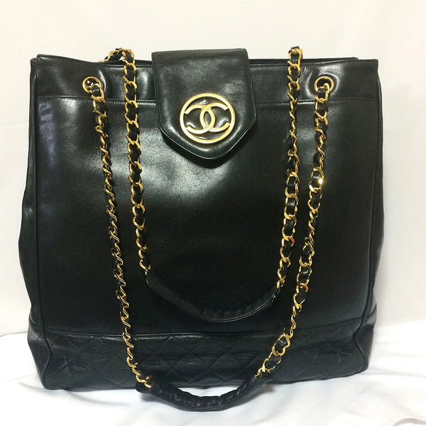 Vintage CHANEL black lambskin large tote bag with gold tone chains and – eNdApPi  ***where you can find your favorite designer vintages..authentic,  affordable, and lovable.