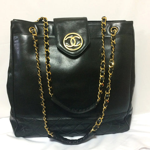 Vintage CHANEL black calf leather large chain shoulder tote bag with g – eNdApPi  ***where you can find your favorite designer vintages..authentic,  affordable, and lovable.
