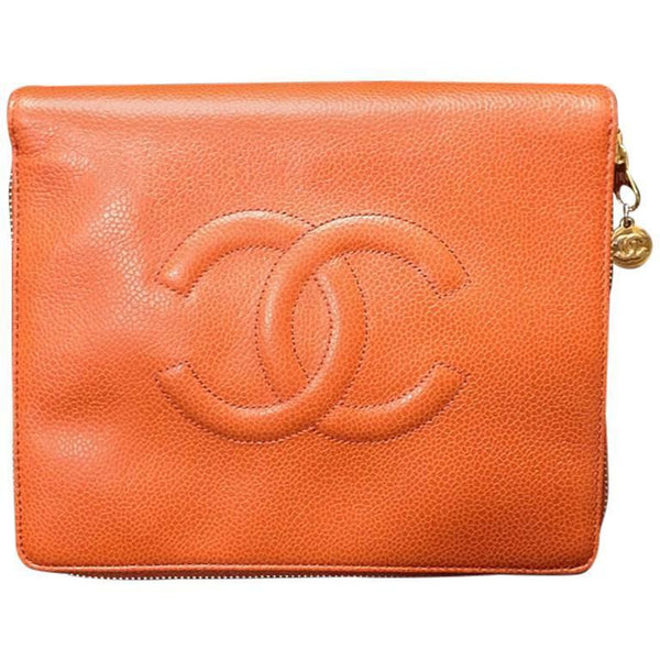 Chanel Beige Leather Zip Cosmetic Pouch Chanel