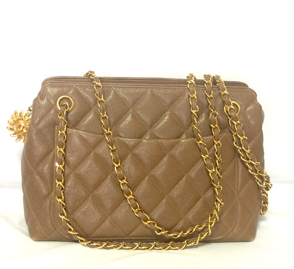 Chanel Vintage Tan Caviar Leather Camera Crossbody Bag with Gold Hardware