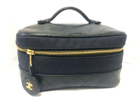Vintage CHANEL black leather and canvas combo classic cosmetic
