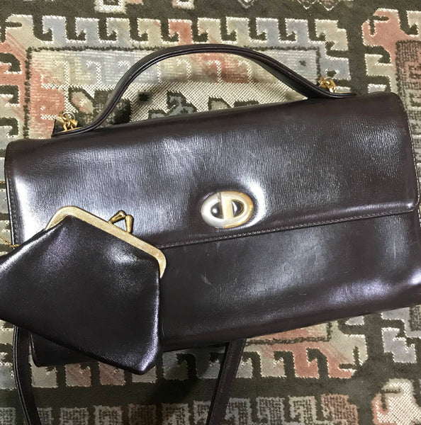 Vintage Christian Dior dark brown leather shoulder bag with silver