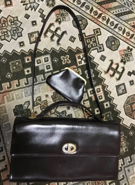 Vintage Christian Dior dark brown leather shoulder bag with silver