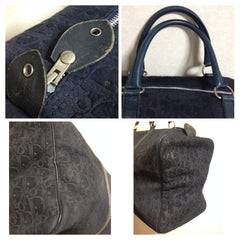 80's vintage Christian Dior Bagages navy genuine suede leather travel duffle bag, purse, handbag with embossed Dior logo allover. Unisex