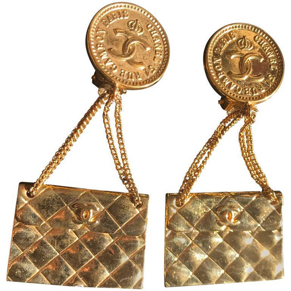 CHANEL Crystal Baguette Lambskin Chain CC Vintage Allure Stud Earrings Black  Gold 484720