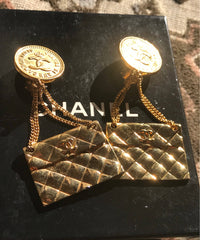 Vintage CHANEL classic 2.55 bag design dangling earrings with CC mark. Rare, one-of-a-kind Chanel jewelry.