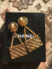 Vintage CHANEL classic 2.55 bag design dangling earrings with CC mark. Rare, one-of-a-kind Chanel jewelry.