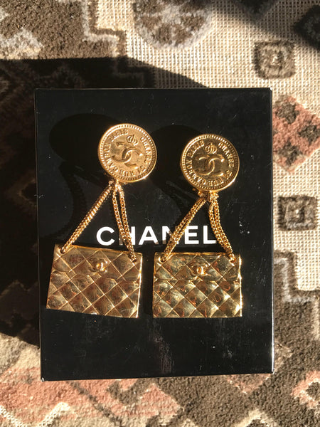 Vintage CHANEL classic 2.55 bag design dangling earrings with CC