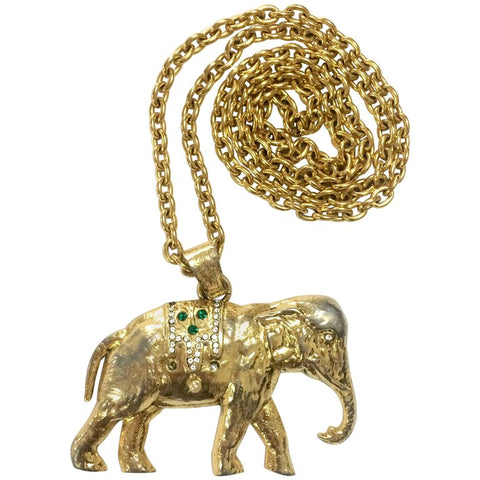 Vintage Sonia Rykiel gold tone large elephant pendant top long chain necklace. Perfect vintage jewelry from SR