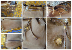 Vintage FENDI tan brown leather bucket hobo shoulder bag with croc embossed enamel leather trimmings and a golden logo charm. Unisex