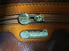 Vintage Fendi orange brown genuine leather mini document bag, clutch purse with embossed logo and epi mix. Classic unisex style Fendi purse