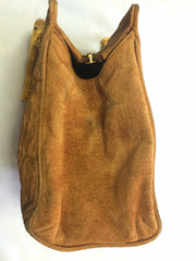 Vintage FENDI tanned brown suede twisted rope stitch bag with golden handles. Daily purse.