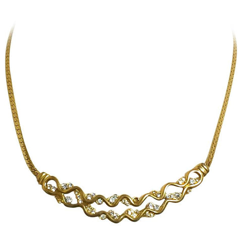 Vintage Givenchy double wave design flap chain necklace with rhinestone crystals. Classic and simple statement necklace in the era. Audrey Hepburn