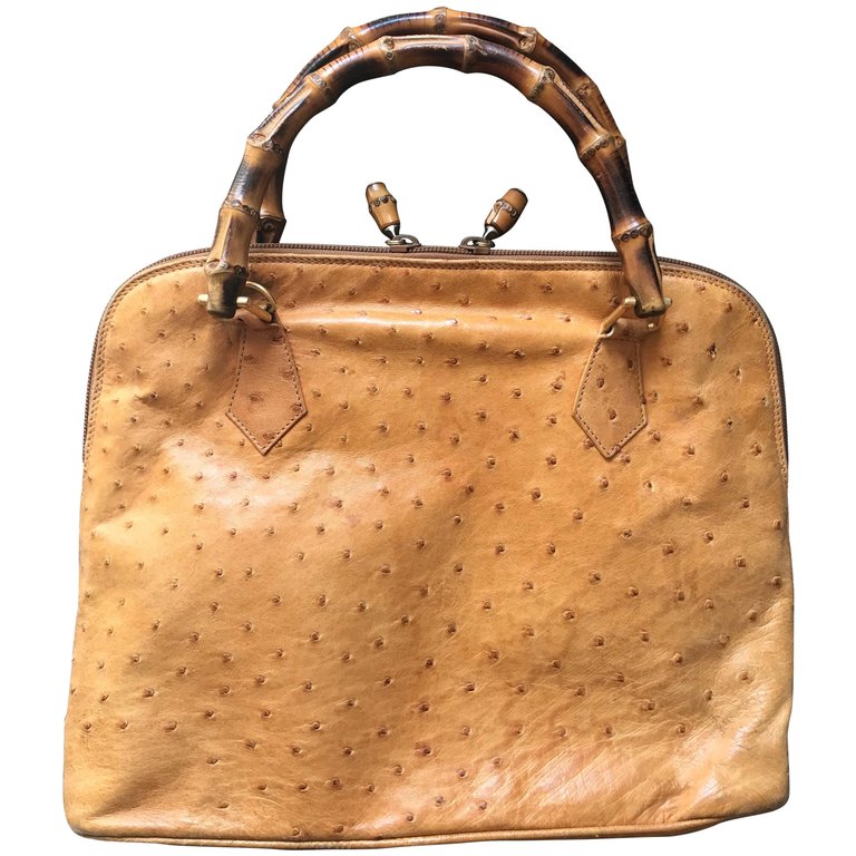 Vintage GUCCI orange brown color genuine ostrich leather bolide bag style handbag with bamboo handles. Masterpiece from Bamboo collection.