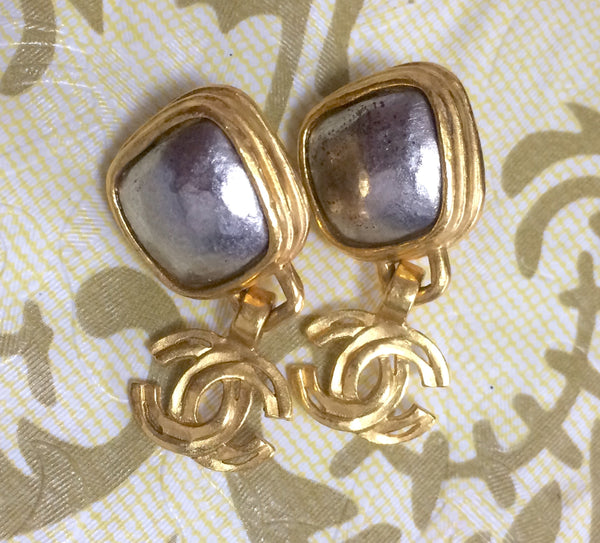 chanel pearl earrings cc silver