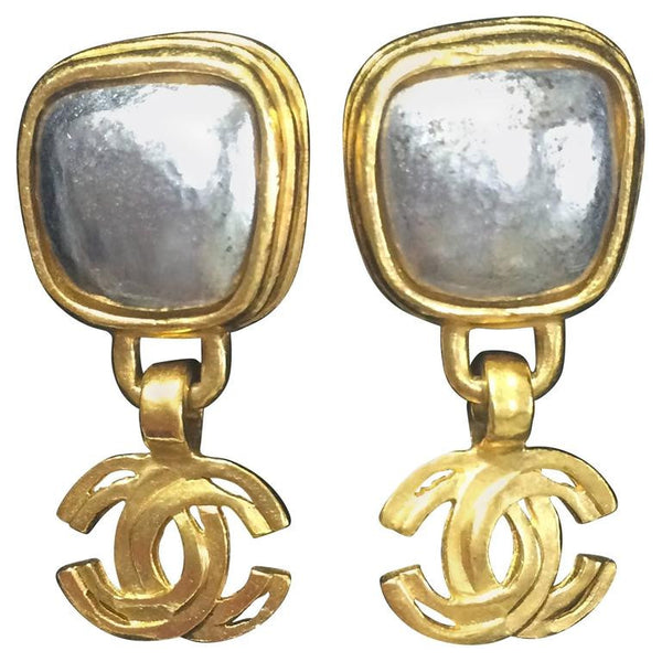 Authentic Vintage Chanel earrings CC logo faux pearl dangle