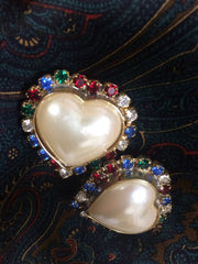 Vintage ESCADA faux pearl heart earrings with red, clear, blue, & green crystals.