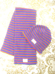 Vintage Hermes 100% Cashmere knit kids, baby scarf and cap, hat in multiple color stripe in purple, olive yellow, and pink. Made in Italy.
