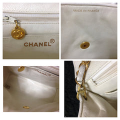 Vintage Chanel classic white caviar leather 2.55 square shape chain shoulder bag with golden CC closure. Must have purse.