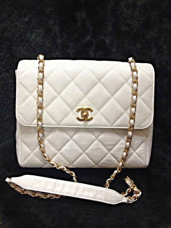 Chanel White Caviar Leather Double Flap Bag ($4,125) ❤ liked on