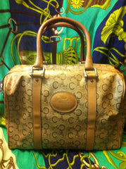 Vintage Celine classic beige and brown macadam and blason pattern handbag, speedy design duffle bag with embossed logo. Unisex.