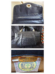 Vintage rare Bottega Veneta intreciato woven leather purse in black with unique opening closure motif. One of a kind.