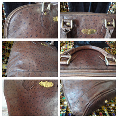 80's Vintage Roberta di Camerino ostrich embossed brown leather bag in Alma style with gold tone R charms. Rare masterpiece.