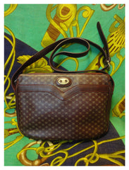 80's vintage Celine shoulder purse in bordeaux, burgundy leather with iconic blaison macadam print all over. riri zipper.