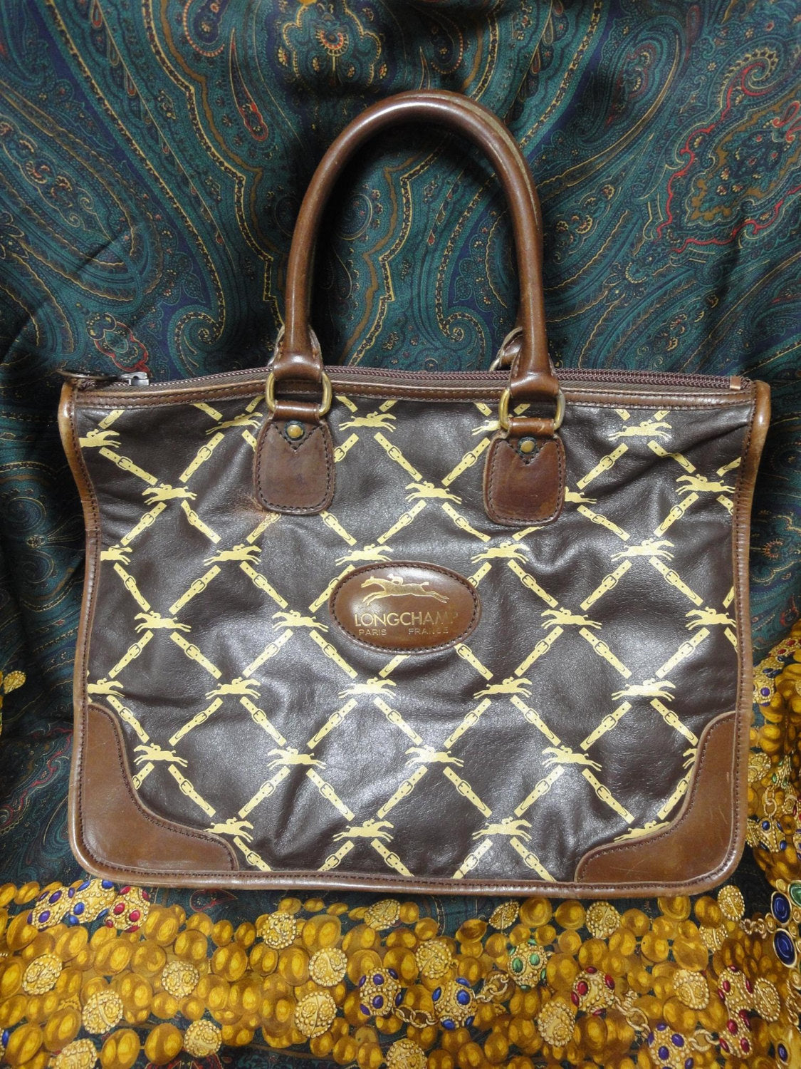 80's Vintage Longchamp brown nappa leather monogram pattern tote