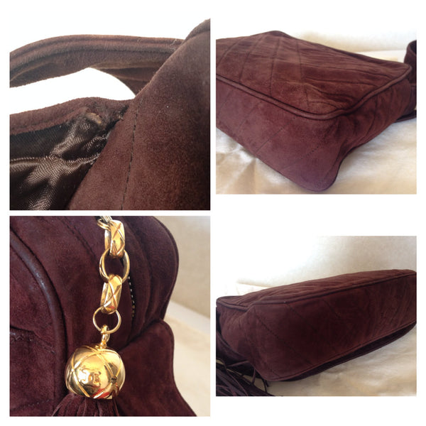 Vintage CHANEL dark brown V stitch suede leather shoulder bag with