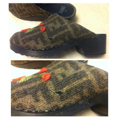 Vintage FENDI iconic FF wool jacquard covering wooden clogs with orange and green embroidered flower motifs.