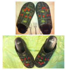 Vintage FENDI iconic FF wool jacquard covering wooden clogs with orange and green embroidered flower motifs.