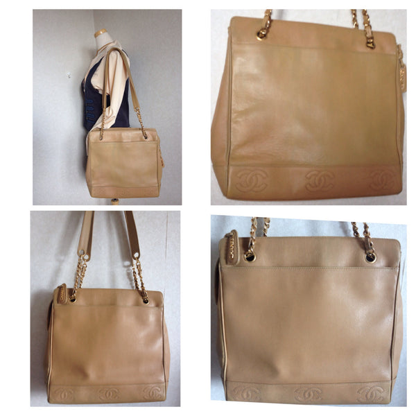 Vintage CHANEL brown beige caviar leather chain tote bag, shoulder purse  with CC stitch marks. Classic and daily use bag
