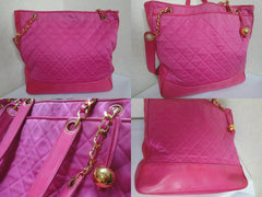 Vintage CHANEL bright pink chain shoulder tote bag with quilted satin and calfskin combo. Gold tone CC ball charm. Hot, think spring