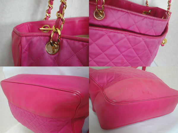Vintage CHANEL bright pink chain shoulder tote bag with quilted