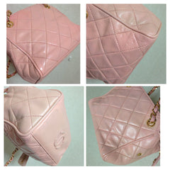 Vintage CHANEL rare milky pink lambskin golden chain mini bag with golden logo charm and zipper pull. Cute party purse.