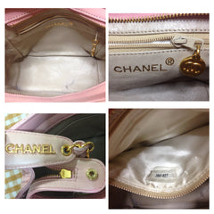 Vintage CHANEL rare milky pink lambskin golden chain mini bag with golden logo charm and zipper pull. Cute party purse.
