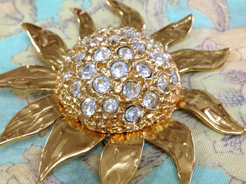 MINT. Vintage Yves Saint Laurent Swarovski crystal stone all over sun flower pin brooch with YSL mark. Made in France. Hat, scarf, jacket