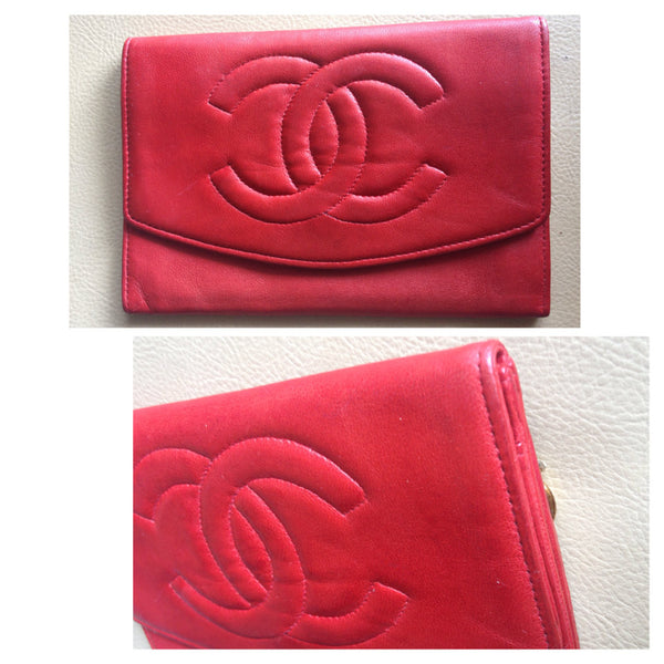 Vintage CHANEL classic leather wallet purse, card case in red