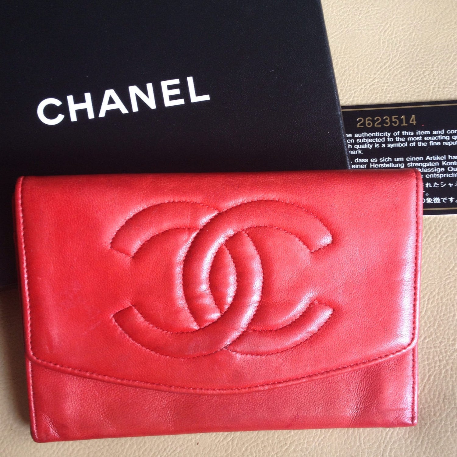 Vintage CHANEL classic leather wallet purse, card case in red