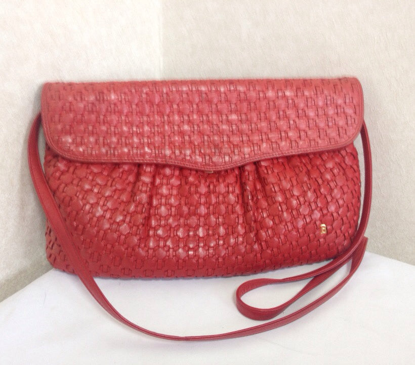 Vintage Bally red intrecciato leather handbag purse, shoulder bag with gold tone B logo. Masterpiece