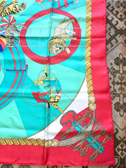Vintage HERMES Carre large silk scarf with red and blue tone print, Clowns, Leopard, Tiger, Lion and multicolor balls. Best foulard. Circus