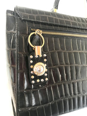 Vintage Gianni Versace black croc embossed leather Kelly style bag with Medallion Sunburst motifs. Gorgeous masterpiece. 050816f1