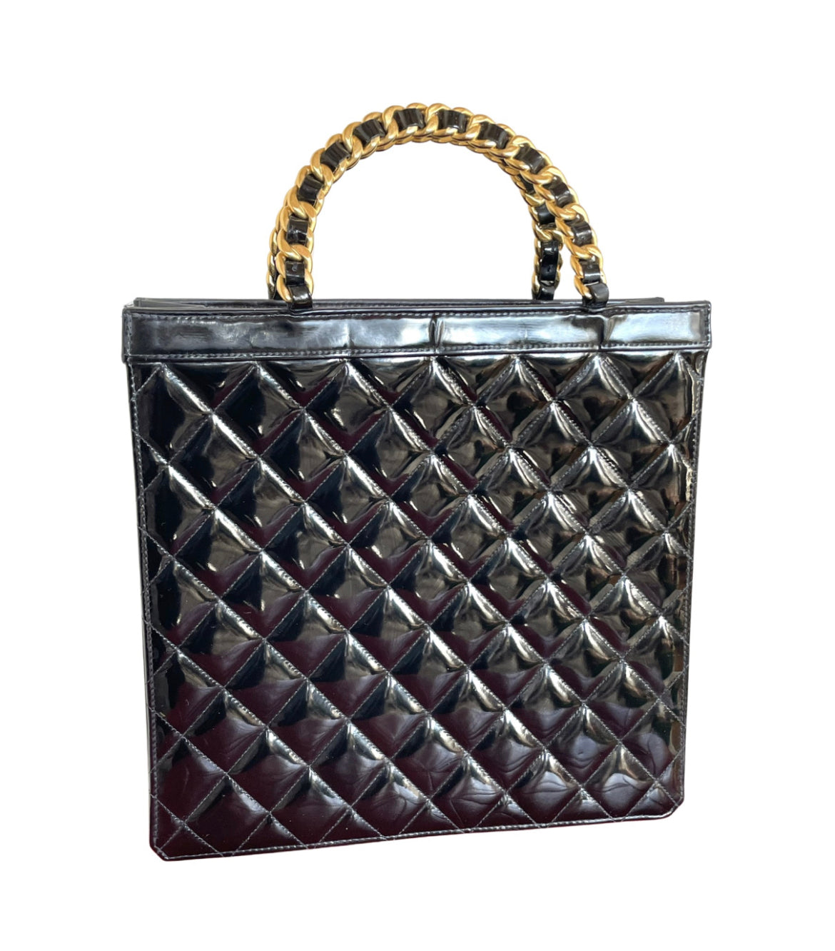 Vintage CHANEL black matelasse enamel shopper bag with golden