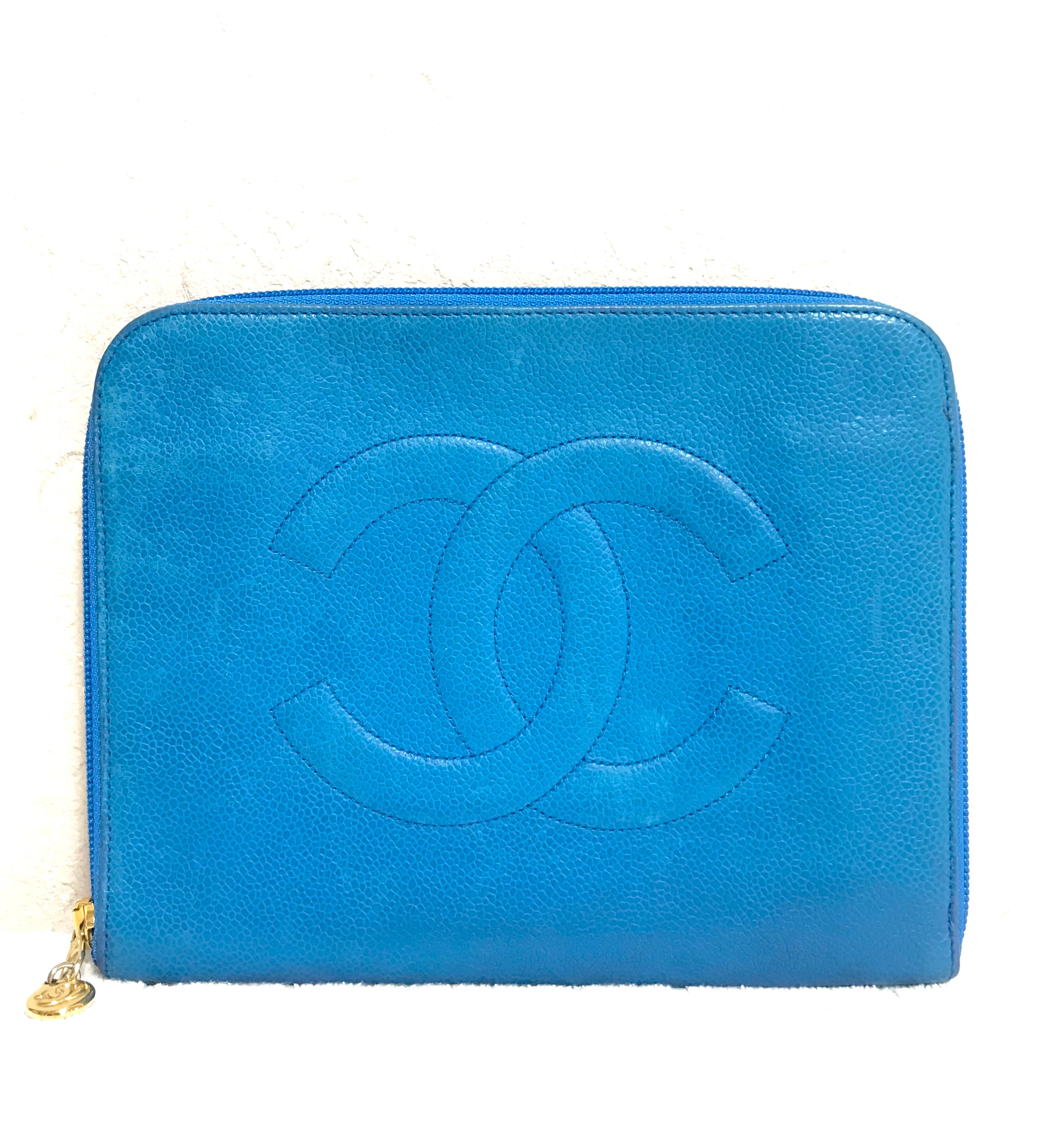 Vintage CHANEL blue caviar clutch bag, iPhone case, large wallet
