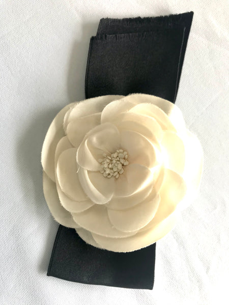CHANEL blue striped ribbon and white CAMELLIA Bow Brooch For Sale