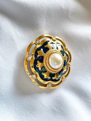 Vintage Burberry faux pearl, crystal stones, and gold and navy tone detailed design brooch. Rare Burberry masterpiece. 0503101