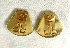Vintage Hermes cloisonne golden earrings with black and yellow chain, stud, H logo, mademoiselle design. Fan shape enamel classic jewelry.